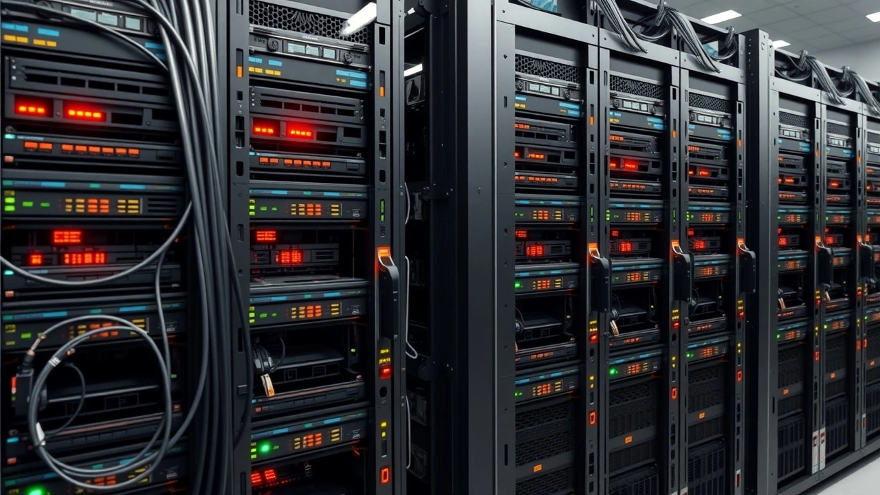 photo realiste d un rack de serveurs dediés avec cables et voyants