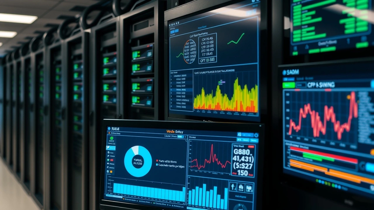 salle serveur avec ecrans montrant utilisation cpu ram