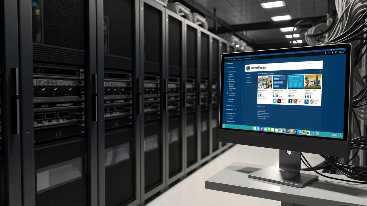 salle serveur avec racks cables et ecran wordpress