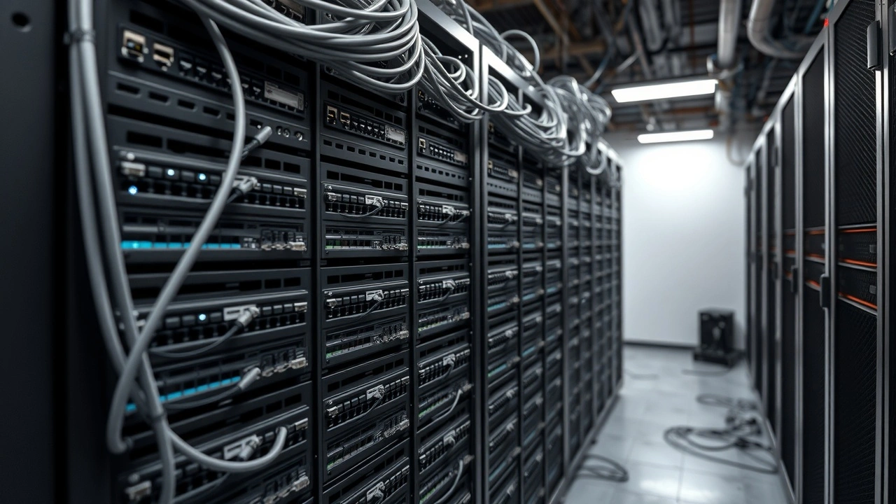 baie de serveurs avec cables dans un centre de donnees