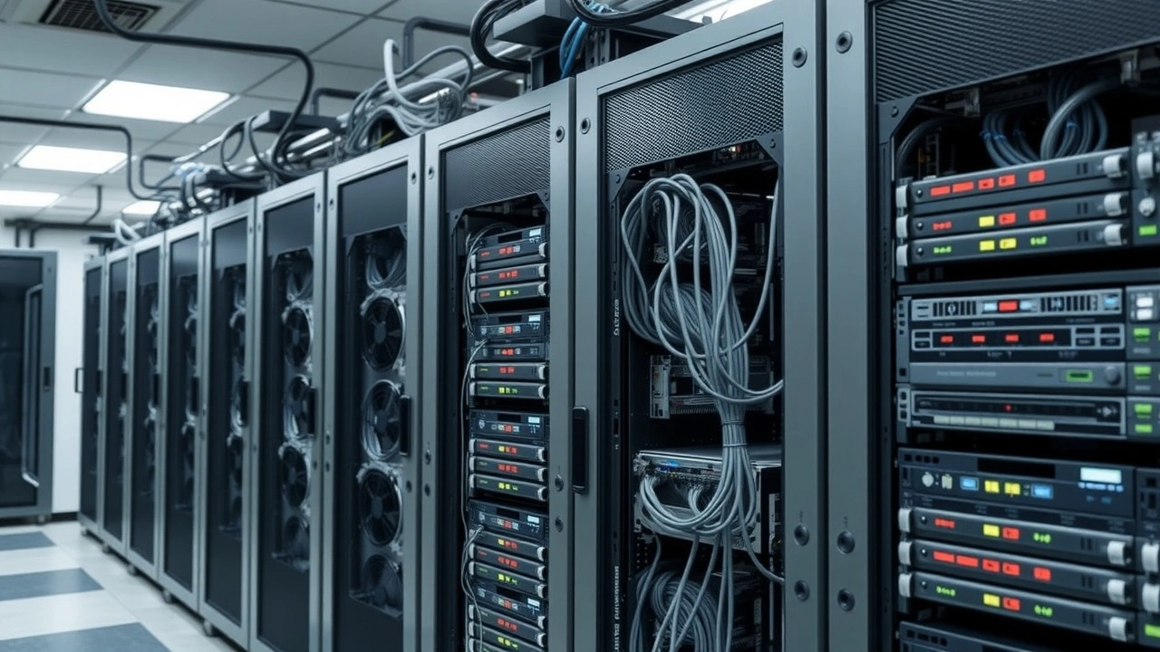 racks de serveurs en datacenter avec cables et maintenance