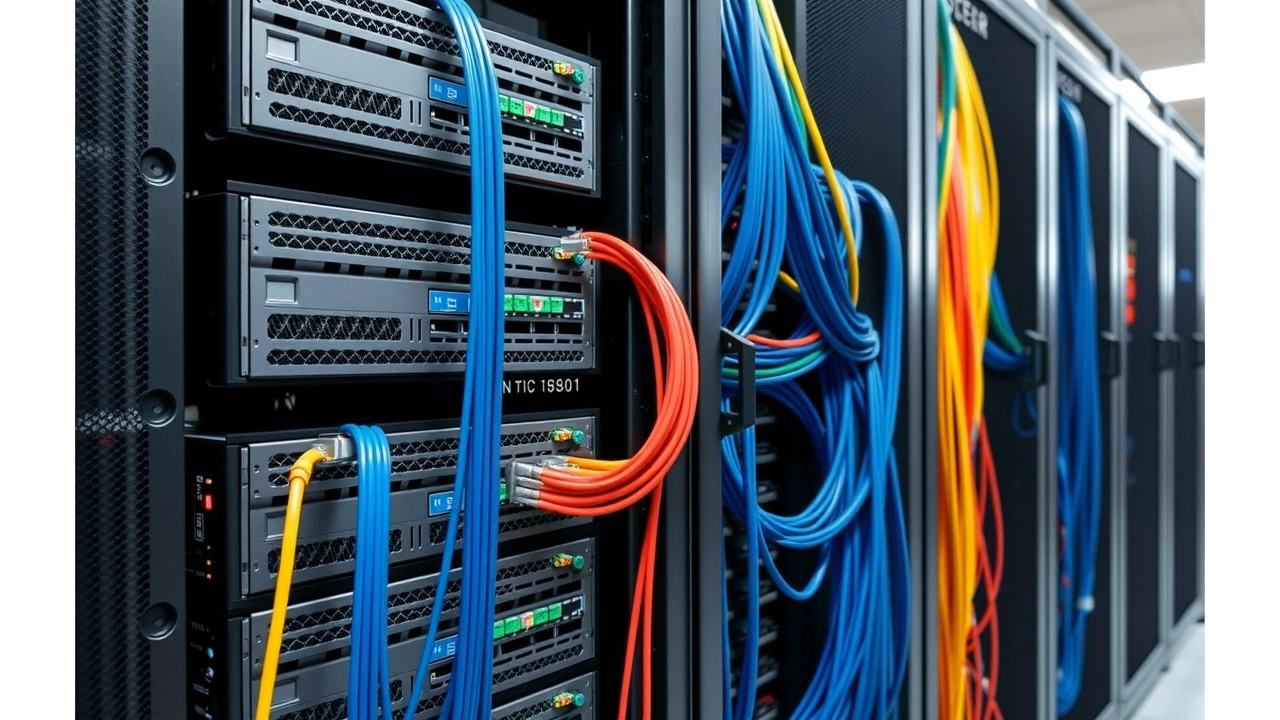rack de serveurs avec cables reseau dans un centre de donnees
