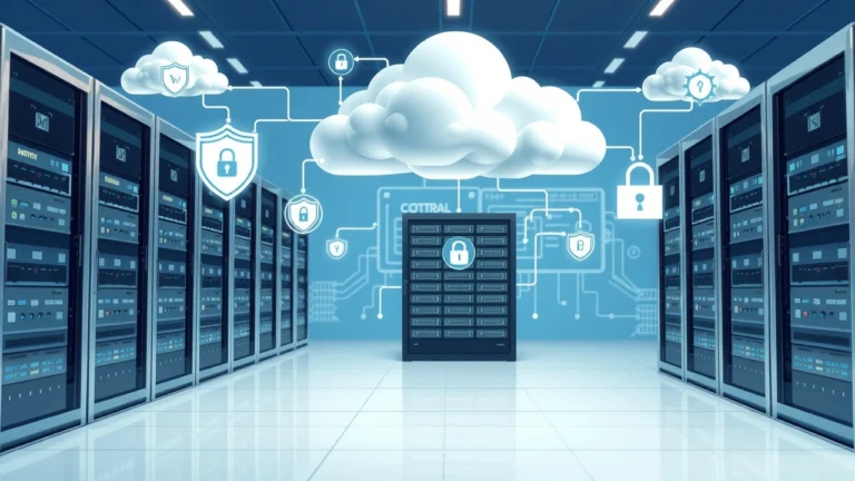 Illustration photoréaliste d une solution d hebergement hybride pour boutiques en ligne, mettant en avant la maitrise des couts, l evolutivite et la protection.