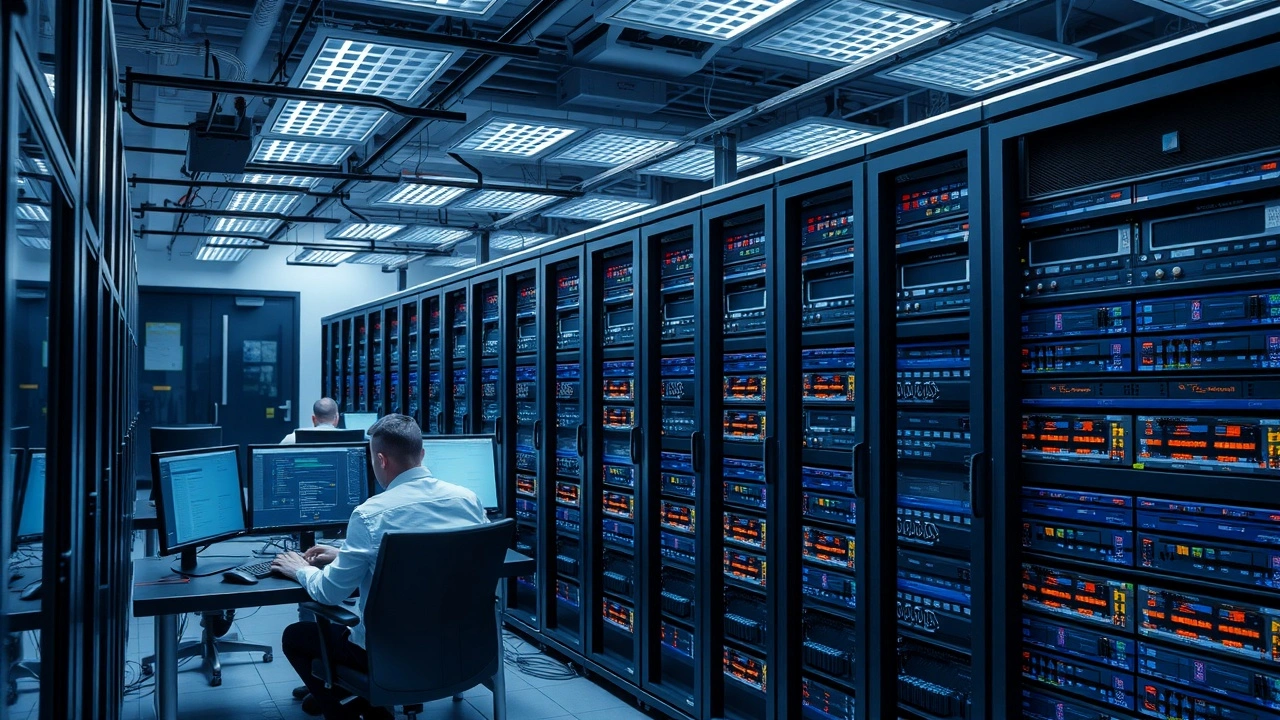 salle serveur moderne avec techniciens support technique