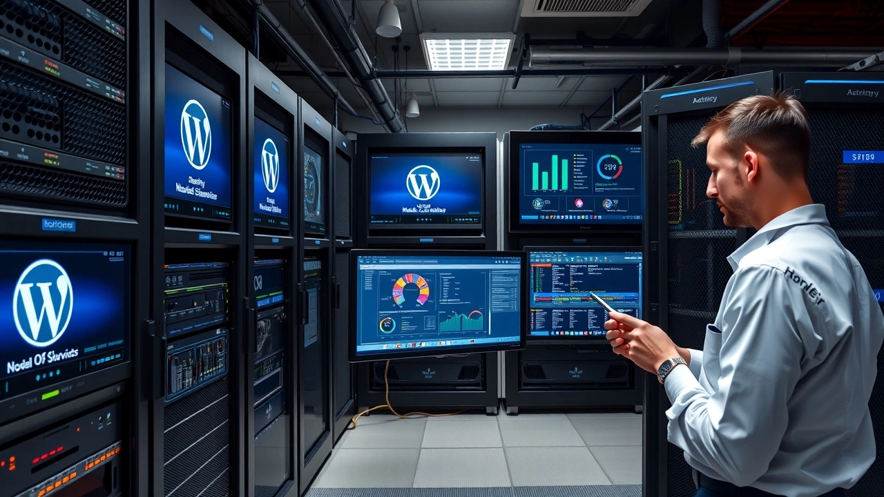 salle serveur wordpress avec technicien et ecrans de surveillance