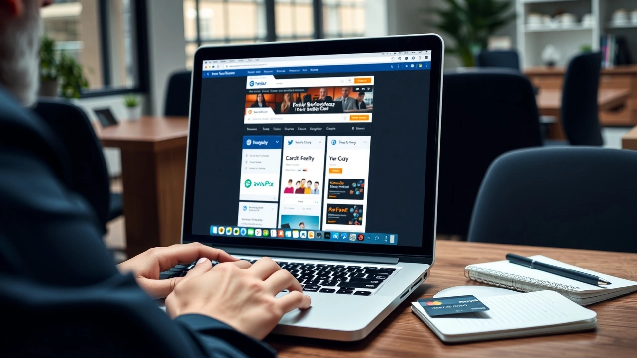 personne achetant un nom de domaine sur laptop au bureau