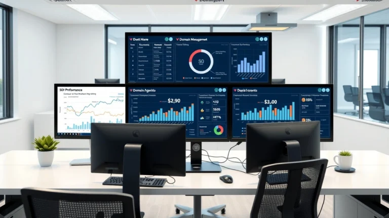 Bureau moderne illustrant l'automatisation de la gestion des noms de domaine pour optimiser le SEO et la visibilité