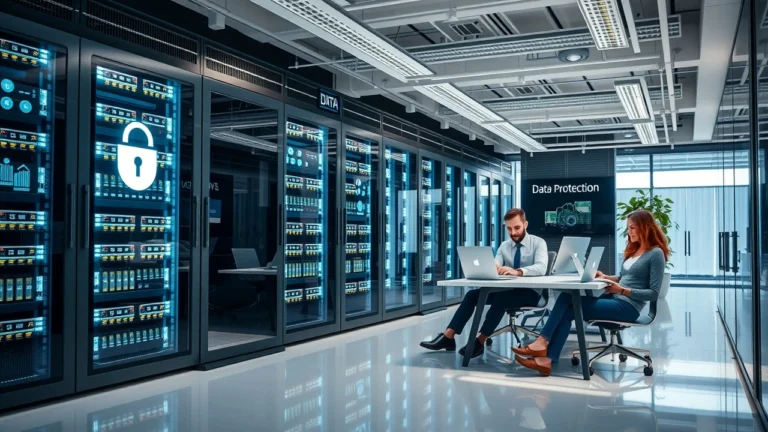 Salle de serveurs moderne illustrant un hébergement e-commerce agile et sécurisé pour une croissance rapide