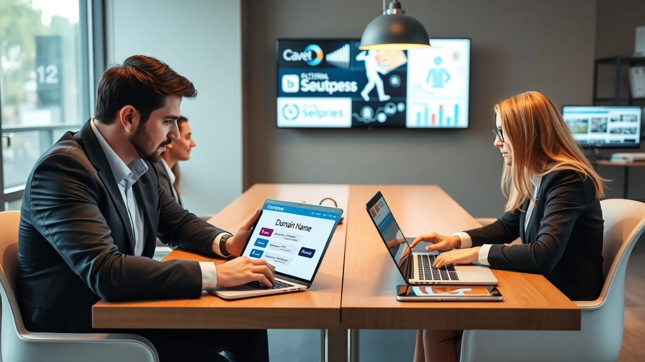 professionnels discutant choix nom domaine selon secteur activite