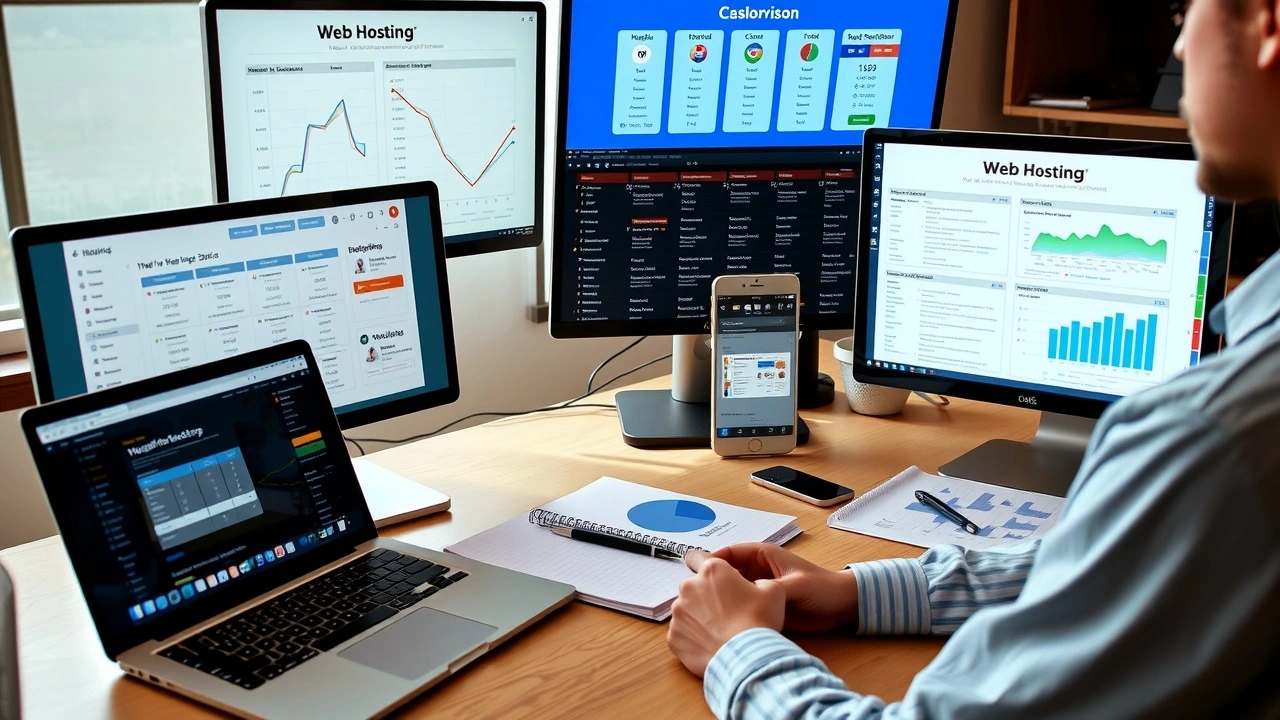 personne comparant offres hebergement web sur plusieurs ecrans