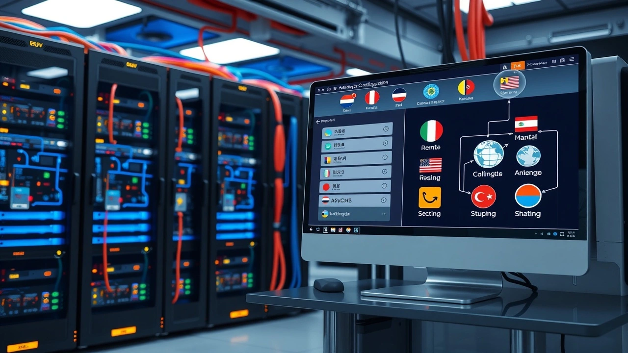 Salle de serveurs moderne configurant un hebergement web multilingue sans erreurs techniques