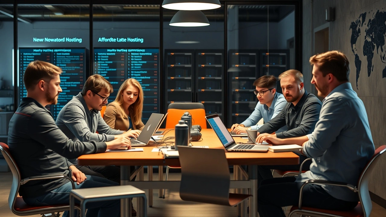 groupe de debutants discutant hebergement economique avec ordinateurs