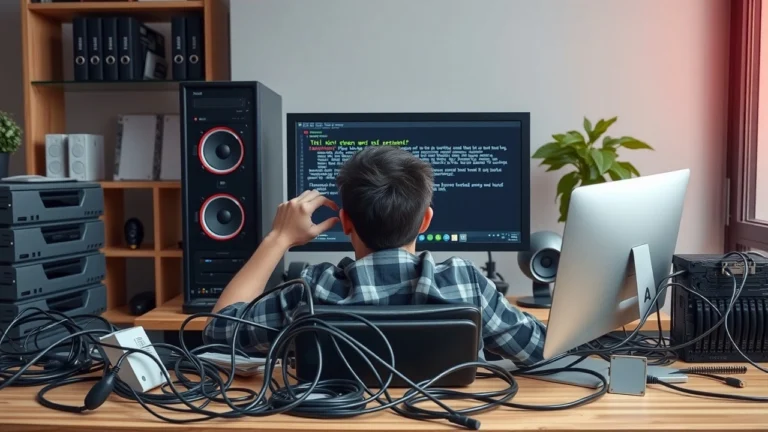 Personne frustrée devant un ordinateur avec des câbles emmêlés, illustrant les erreurs à éviter pour un hébergement web pas cher réussi