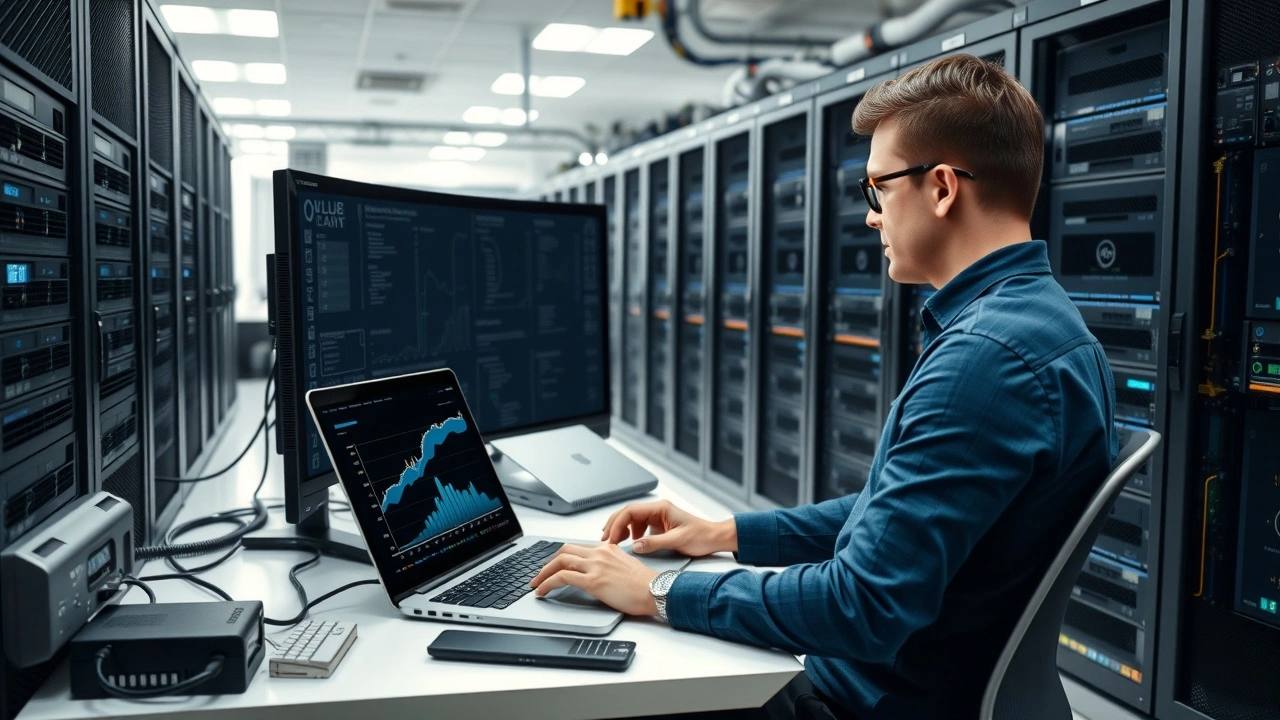 entrepreneur travaillant sur ordinateur avec serveurs et equipements cloud