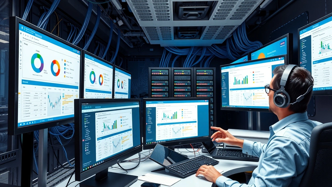 bureau moderne avec ecrans gestion domaines et technicien travaillant