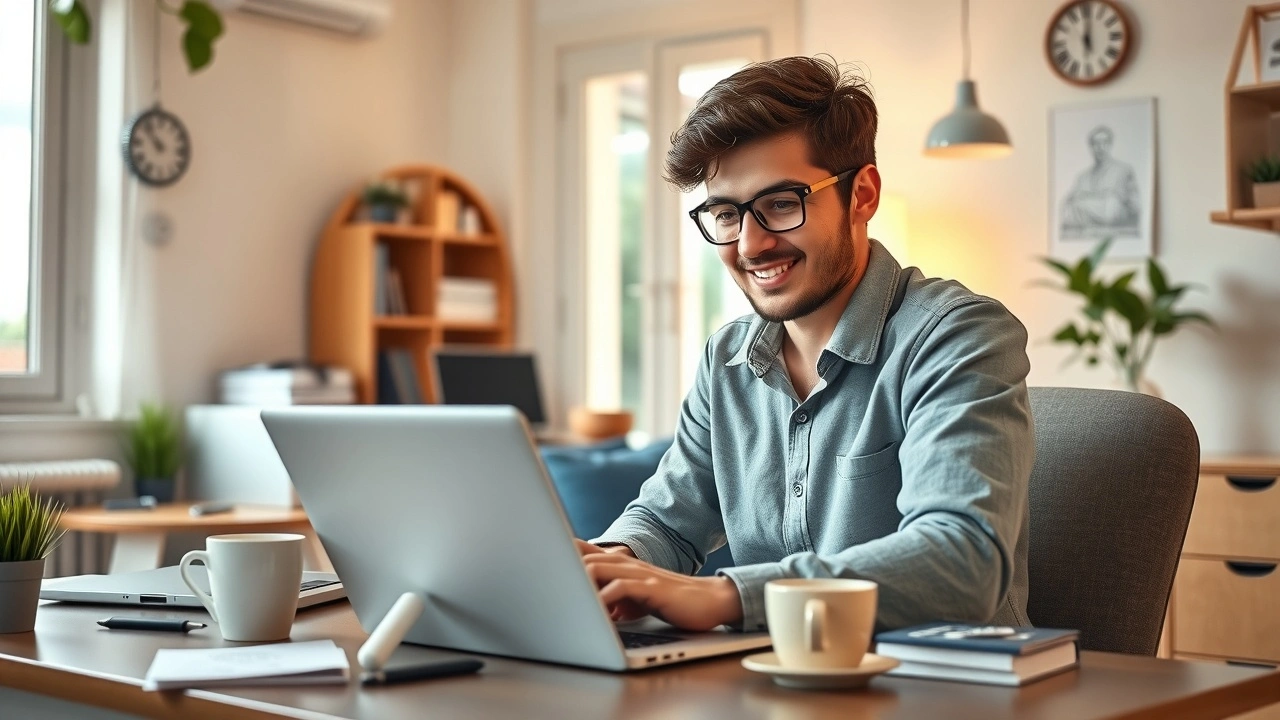 Jeune entrepreneur travaillant sur son premier site web avec un budget limité dans un bureau confortable