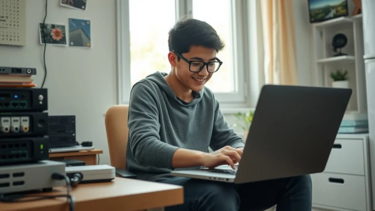 Débutant travaillant sur un ordinateur dans un bureau simple illustrant un hébergement stable à petit budget