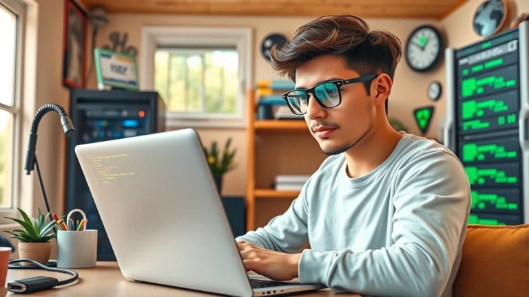 Jeune entrepreneur travaillant sur un ordinateur portable dans un bureau moderne représentant lhébergement web stable et économique