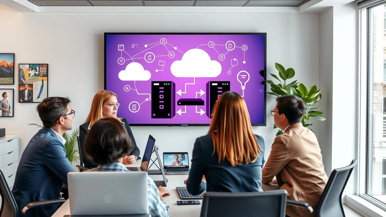 Bureau moderne avec une equipe discutant d hebergement web adapte aux PME