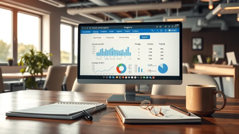 Espace de travail professionnel illustrant la recherche d'un nom de domaine rentable et optimisé SEO