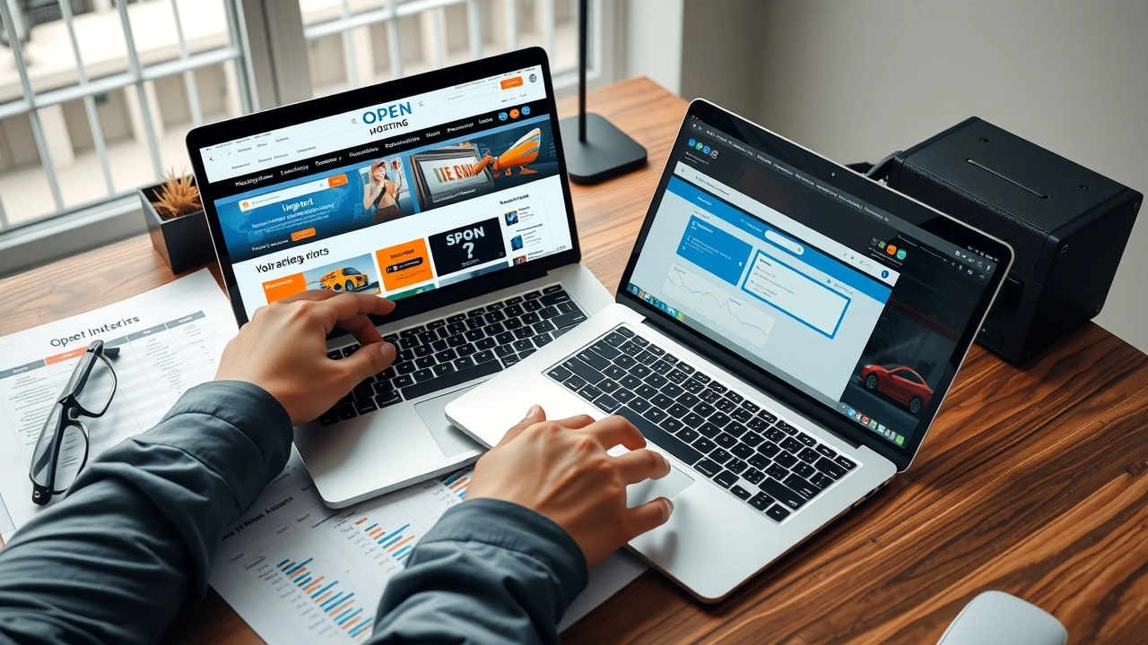 personne comparant des hebergeurs web sur ordinateur et papiers