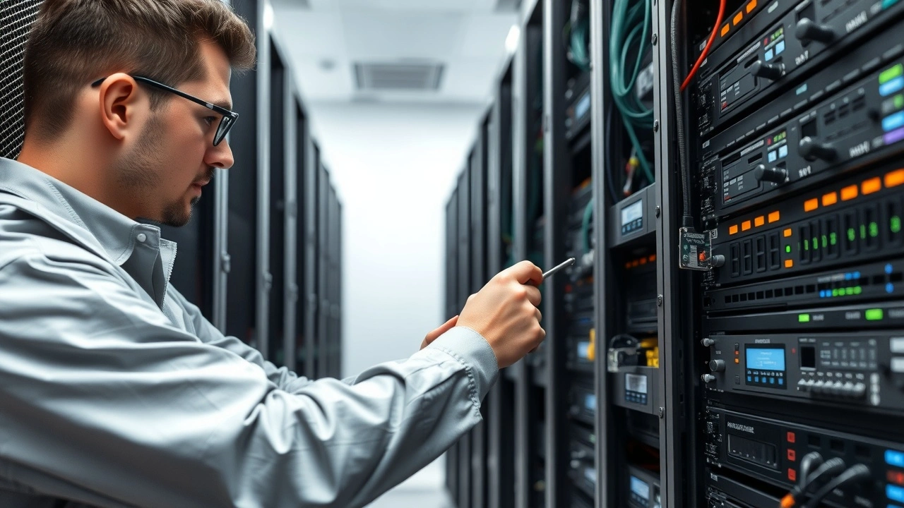 technicien effectuant maintenance sur serveurs dedies en data center