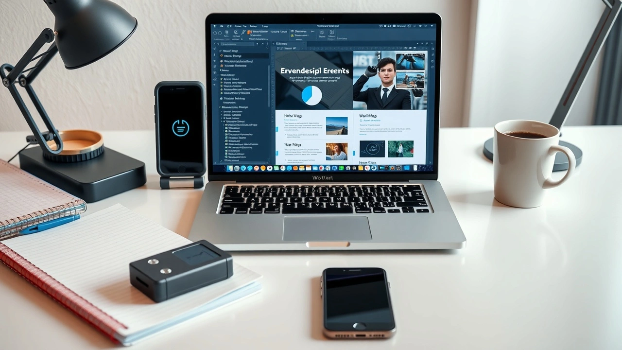 poste de travail avec ordinateur outils notes et cafe