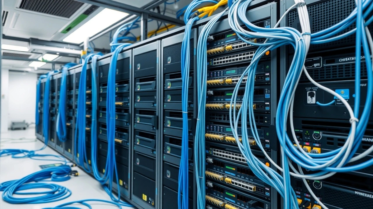 salle serveur avec cables reseau representant un reseau de diffusion