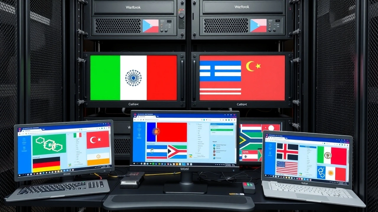 serveur ordinateur avec ecrans langues differents et logiciels cms multilingue