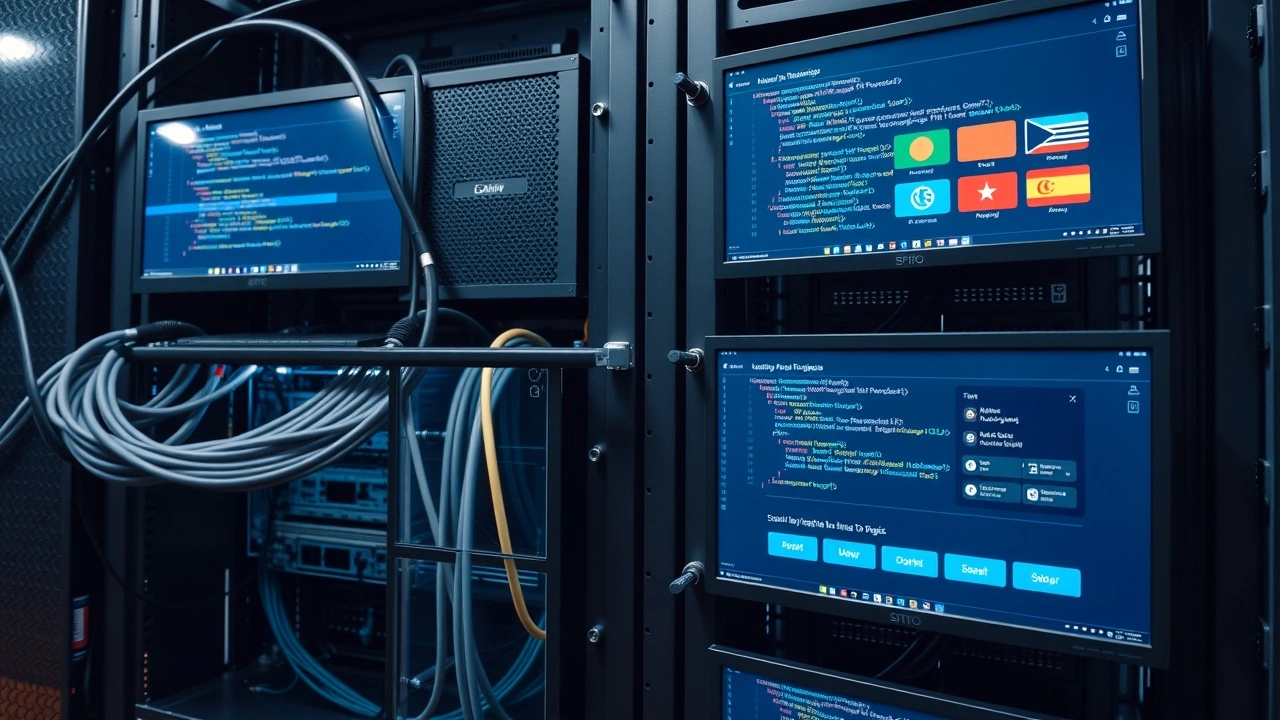 rack de serveurs et ecrans codes multilingual site