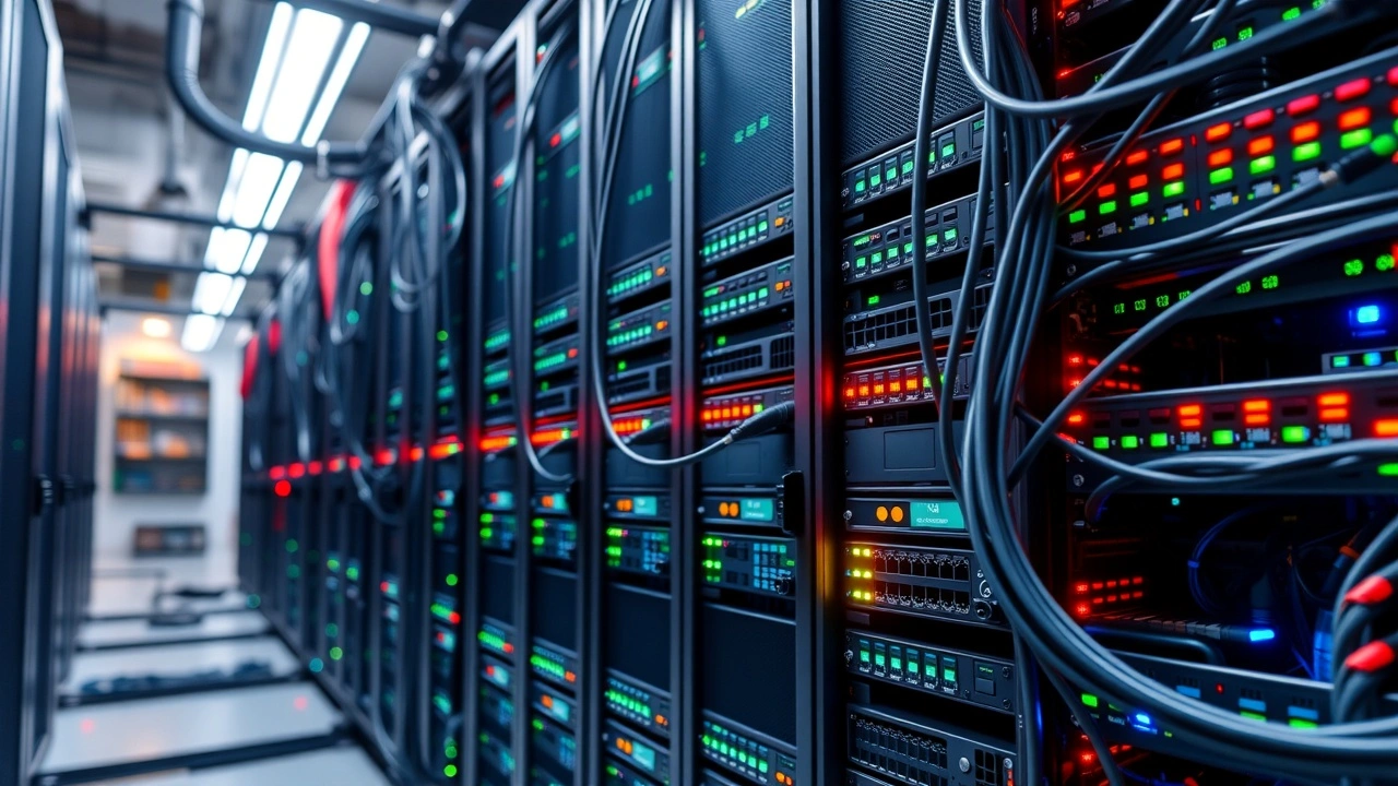 rangées de serveurs informatiques avec cables et voyants leds
