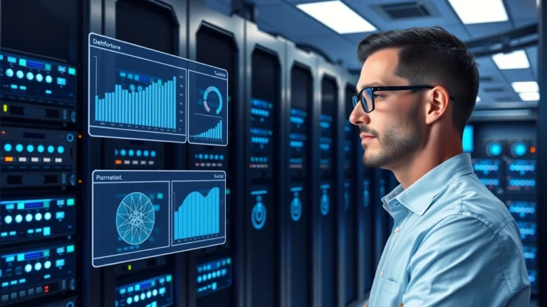 Salle serveur moderne avec un technicien analysant des données pour une configuration adaptée