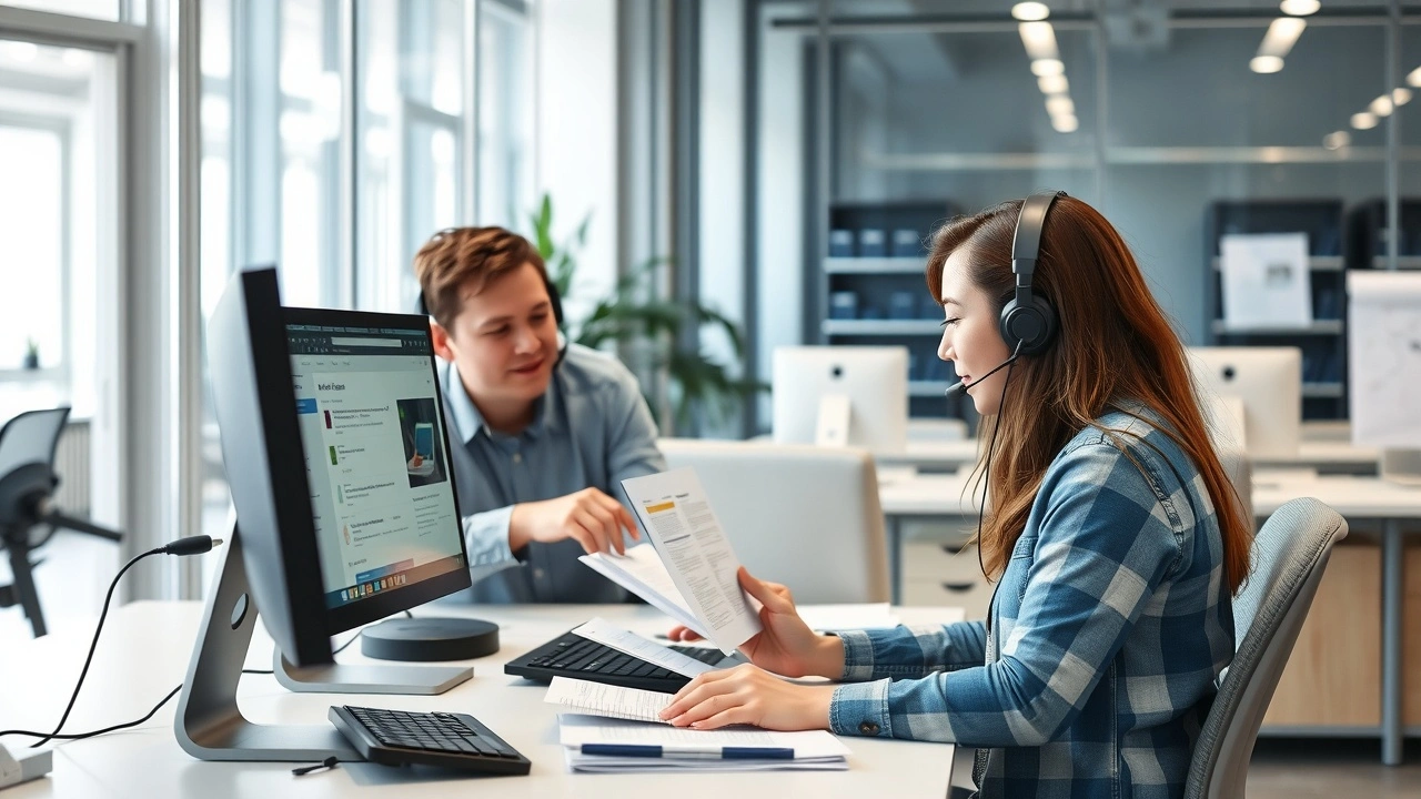 technicien support aidant un debutant avec documents et ordinateur