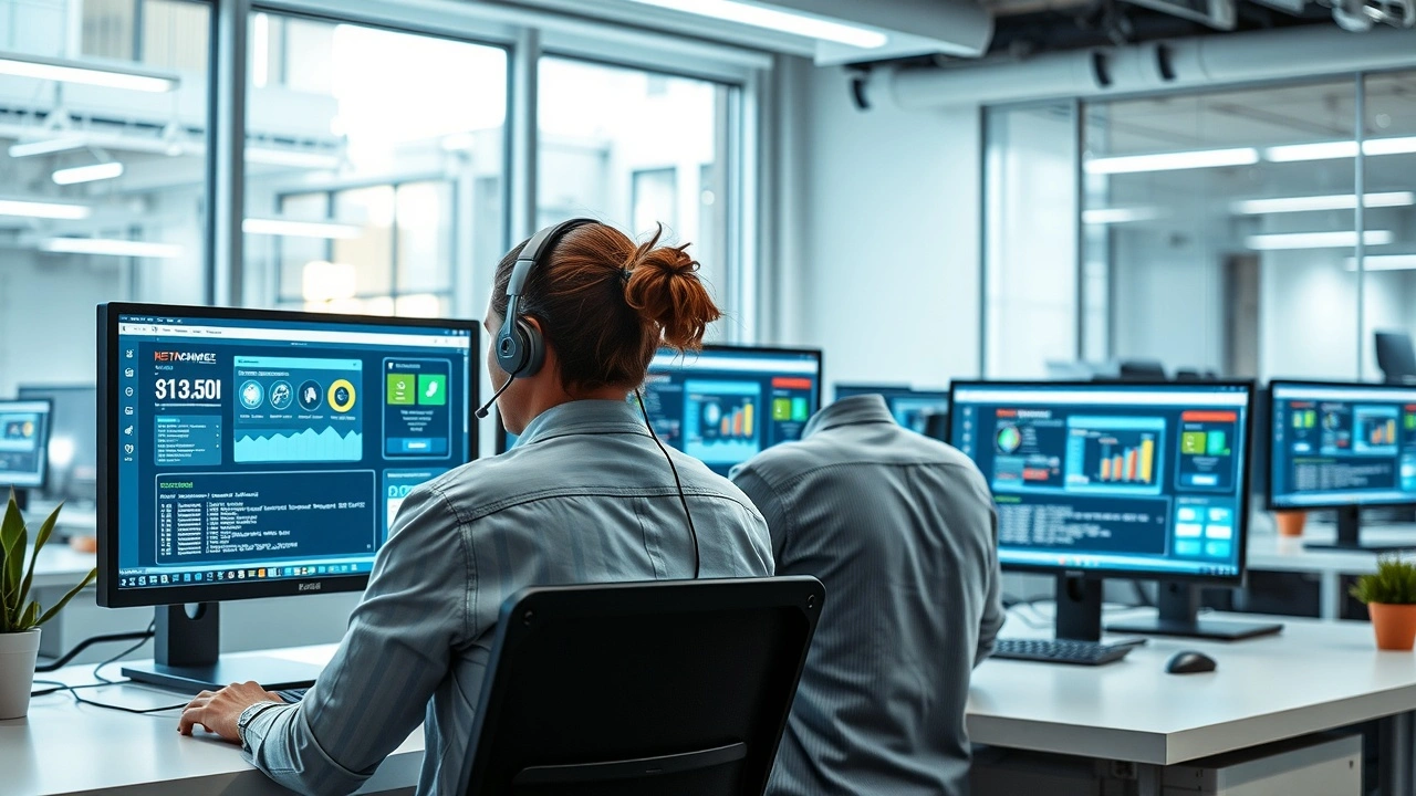 equipe support technique en bureau avec ordinateurs et e commerce