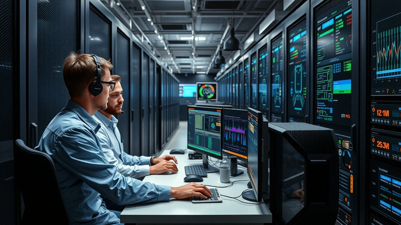 techniciens informatiques en maintenance proactive dans un centre de donnees