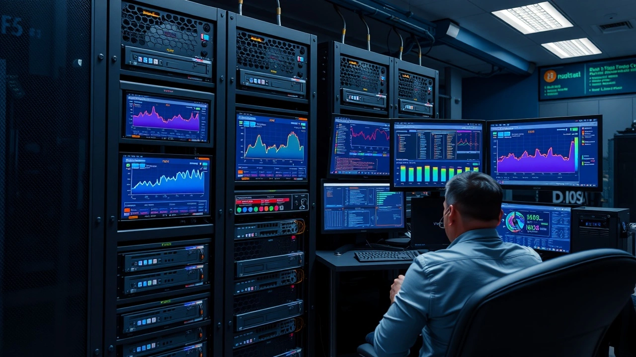 salle serveur avec administrateur surveillant les ressources serveurs