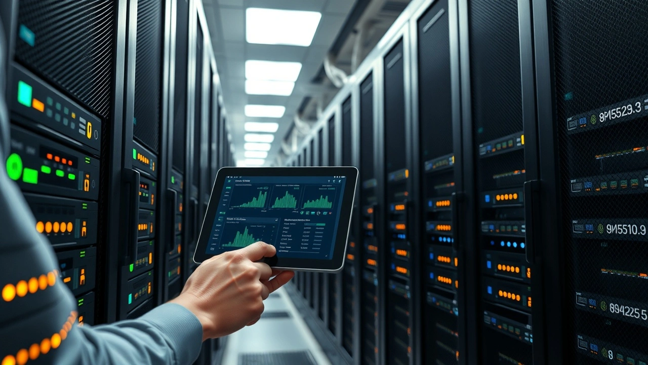 serveur informatique avec technicien et tablette dans datacenter