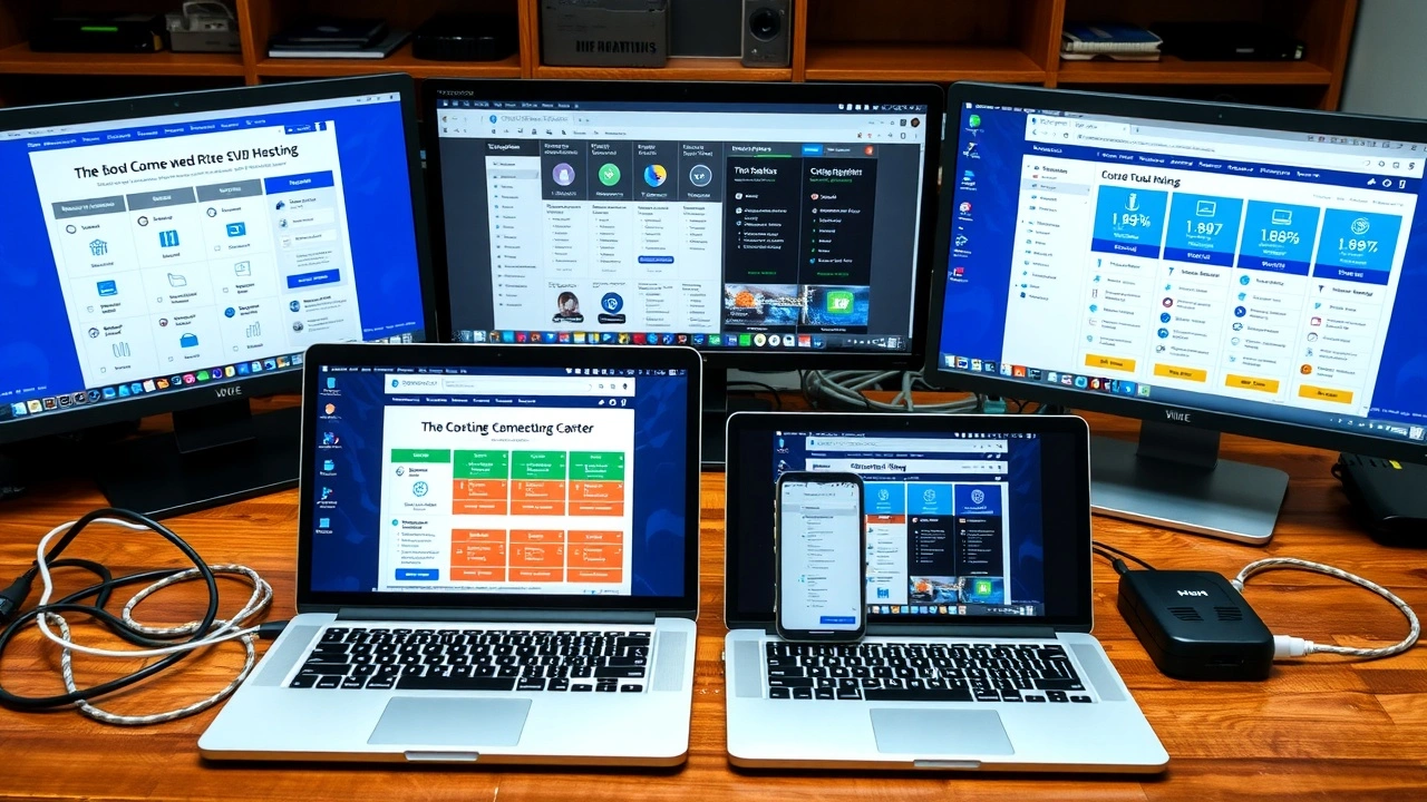 plusieurs ordinateurs et smartphones montrant des offres hebergement web