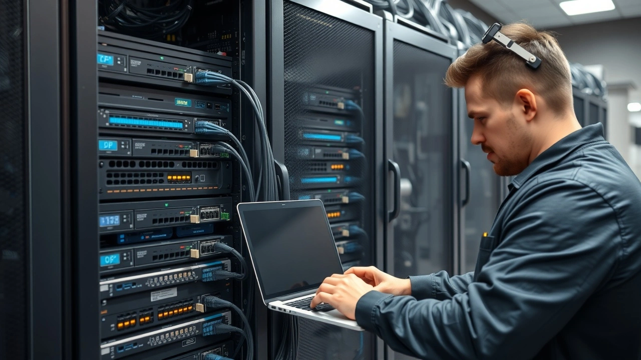 technicien configurant serveur avec rack et cables reseau