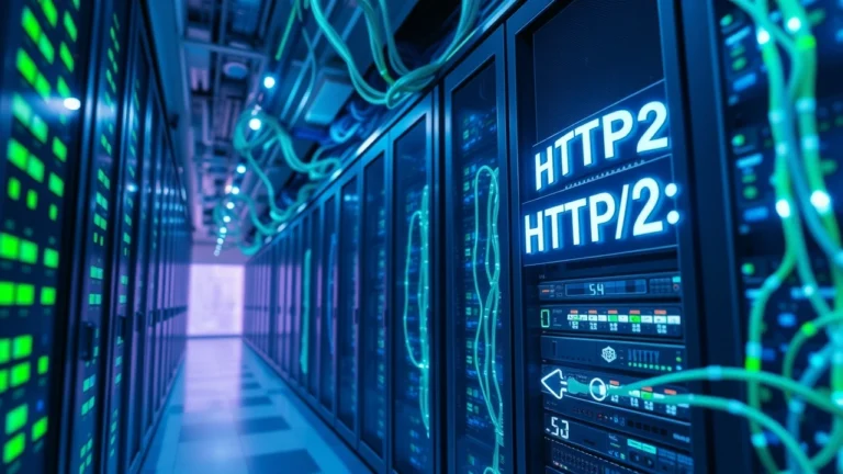 Salle de serveurs moderne illustrant un hébergement web sécurisé avec HTTP2