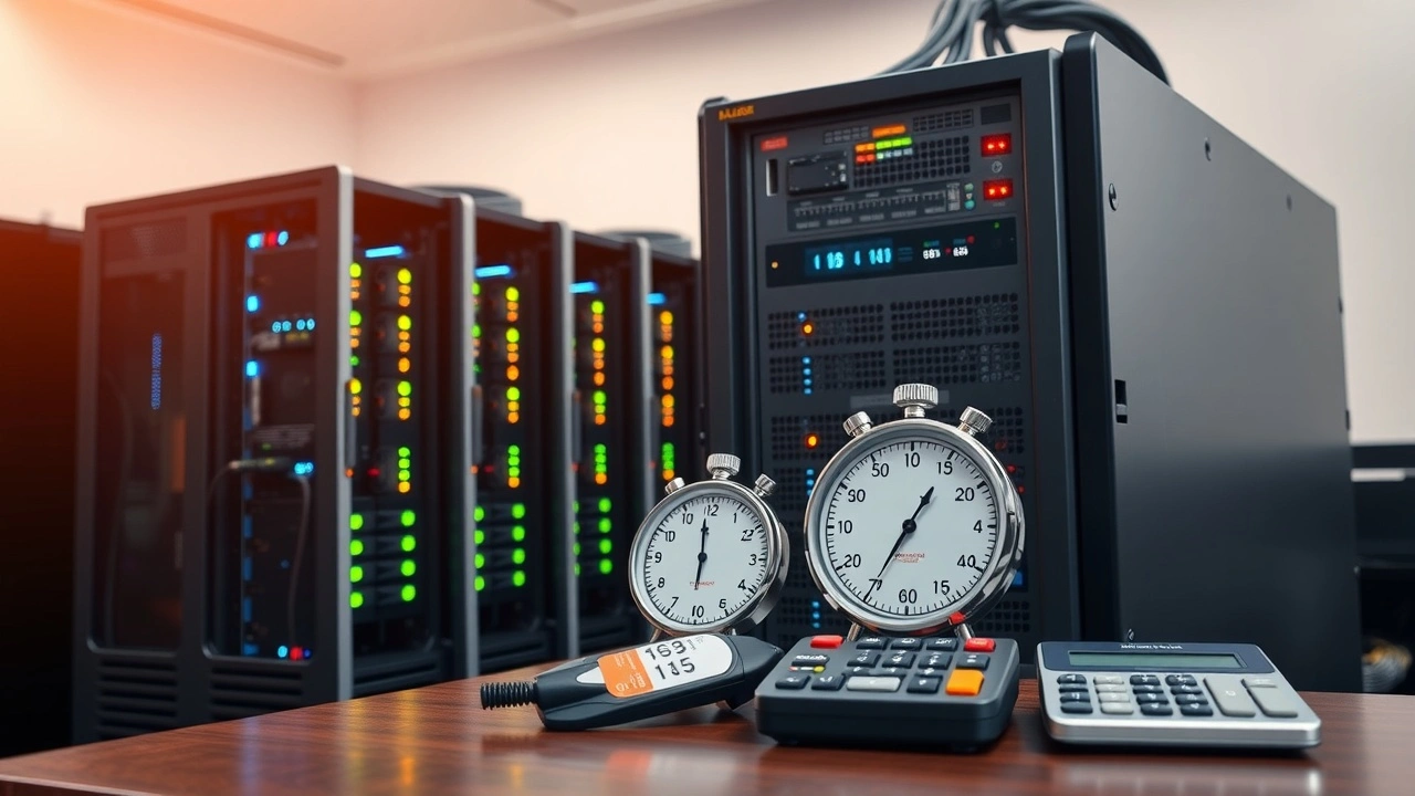 serveurs web avec cables horloge et calculatrice sur bureau