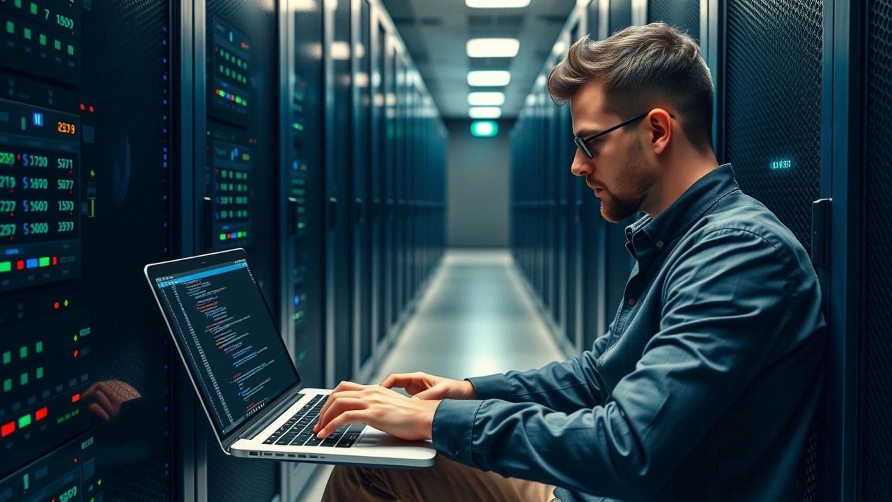 developpeur codant nodejs avec serveur informatique data center
