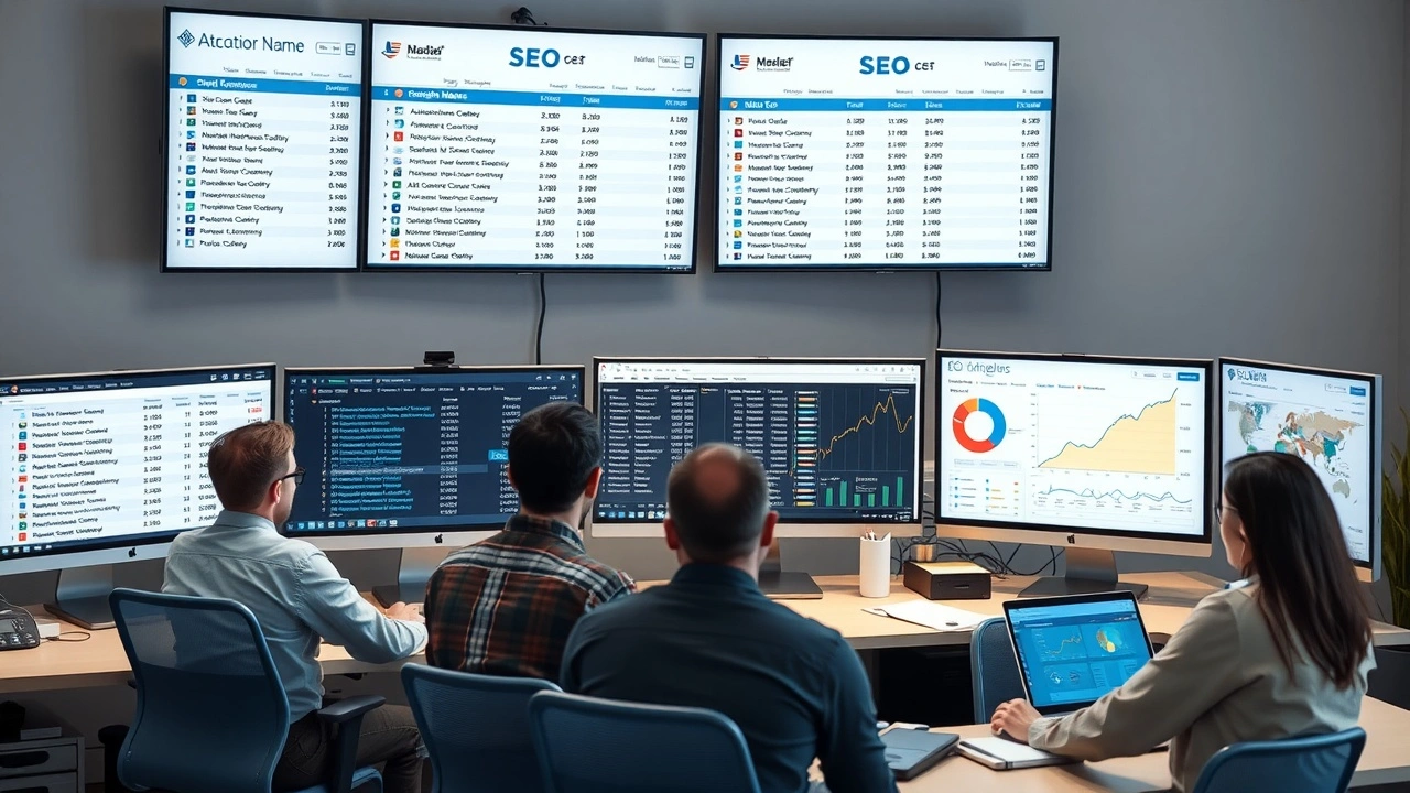 personnes travaillant aux ordinateurs avec extensions de domaines et analyses seo
