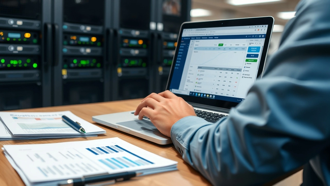 personne travaillant sur ordinateur avec serveurs et documents budget