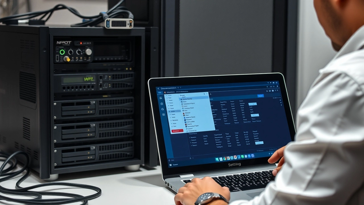 personne configurant un serveur web economique avec ordinateur et cables