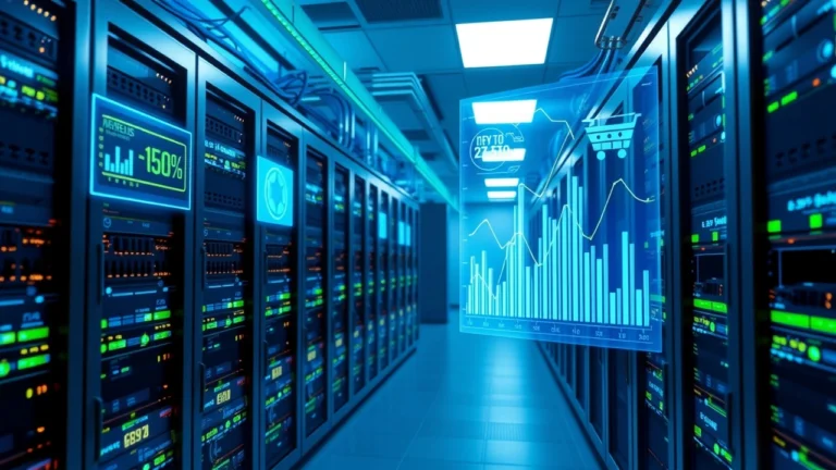 Salle de serveurs moderne illustrant l'optimisation de l'hébergement en ligne selon le trafic et les exigences techniques