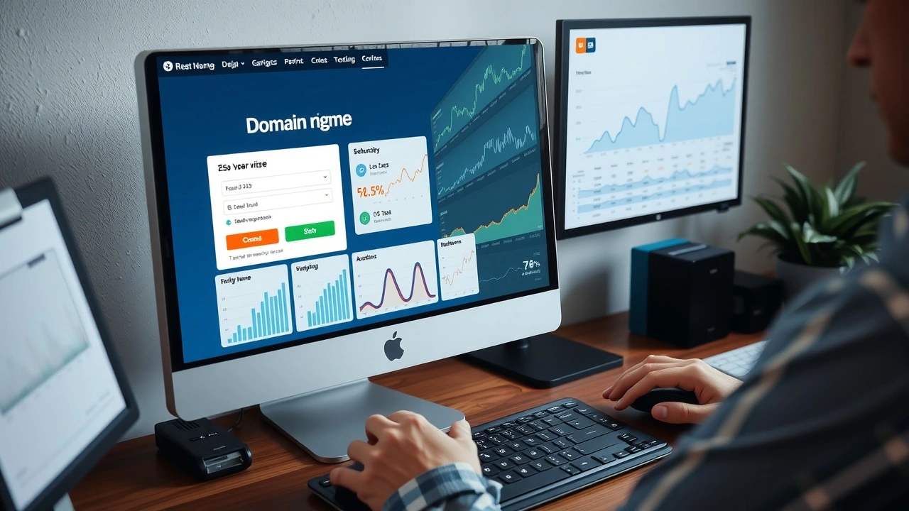 ordinateur avec page nom de domaine et graphiques seo