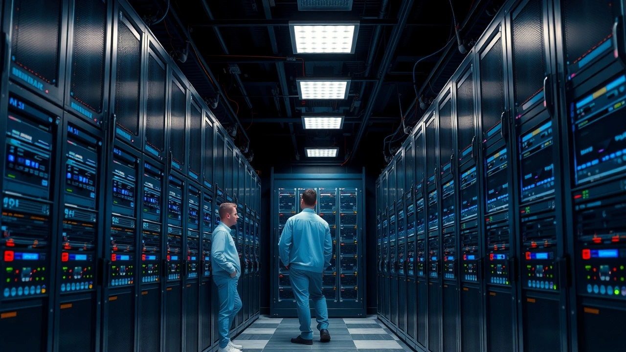 salle serveur moderne avec techniciens controlant les serveurs