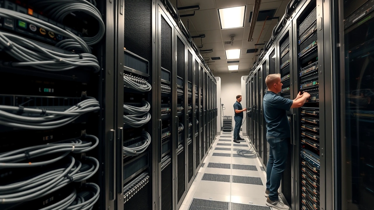 salle serveur avec techniciens et cables reseau