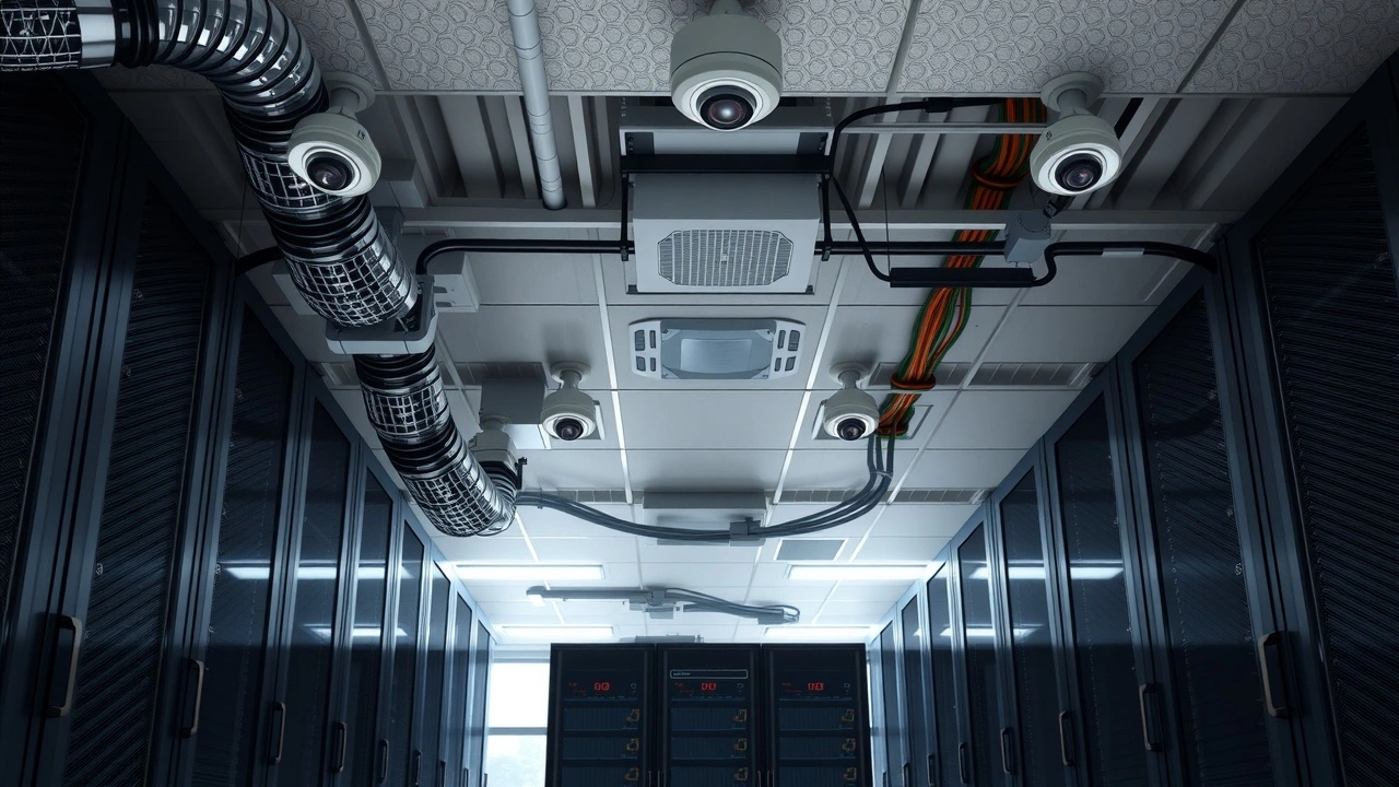 salle serveurs moderne avec cameras de securite lumineuse